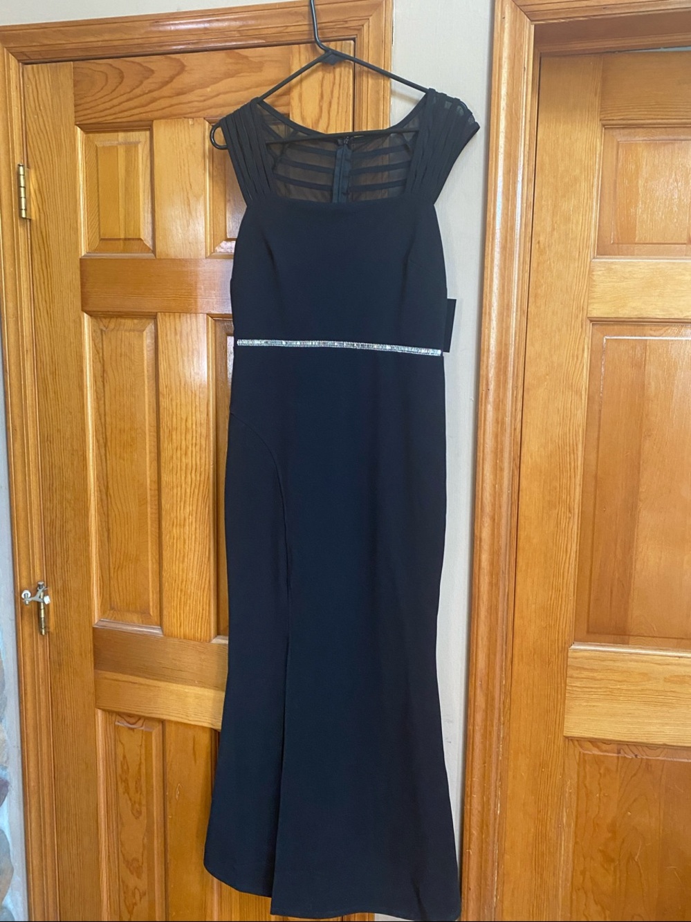 Black Maxi Evening Gown with Sheer Yoke and Rhinestone Waist size 6
